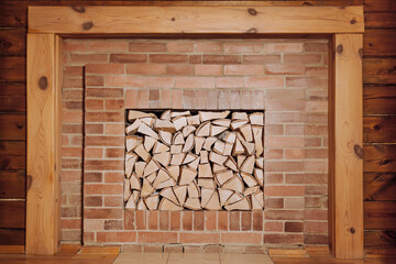  Stacked firewood for a fireplace close-up.