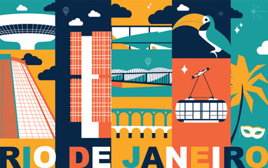 Typography word "Rio De Janeiro" branding technology concept. Collection of flat vector web icons, culture travel set, famous architectures, specialties detailed silhouette. Brazilian famous landmark.