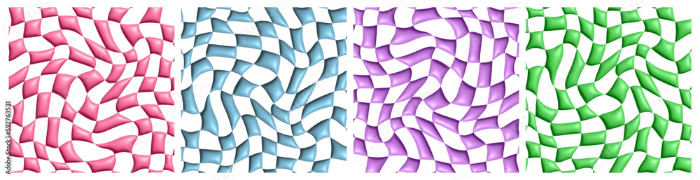 Leinwandbilder Vector Set of Psychedelic Checkerboard Seamless Patterns in 3D Render Style. Y2k Texture with Swirl Groovy Waves. Distorted Checkered Background