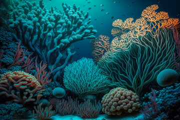 Colorful coral reef in the ocean with fish and sea life, background banner or wallpaper