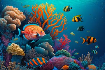 Fototapeta na wymiar Colorful coral reef in the ocean with fish and sea life, background banner or wallpaper