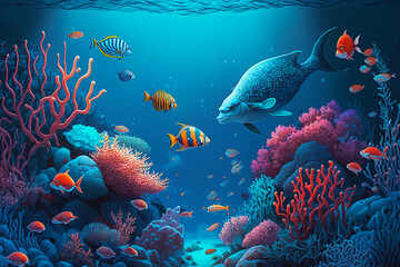 Obraz na płótnie Canvas Colorful coral reef in the ocean with fish and sea life, background banner or wallpaper