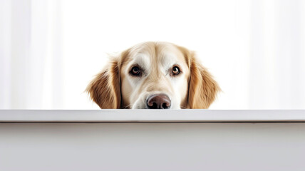 Golden Retriever dog peeking out from behind a white table, on white background with copyspace.