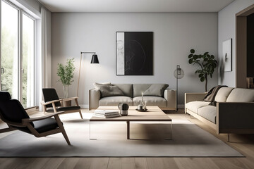 Obraz na płótnie Canvas Stilvolles und modernes Wohnzimmer mit minimalistischem Design, Generative AI