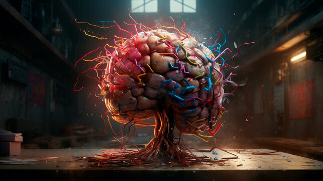 Concept art of a human brain exploding with knowledge and creativity. Generative AI