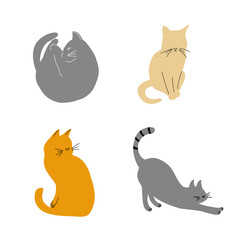 Set of gray and ginger cats. Sleeping, stretching, sitting. Silhouette flat vector design. 