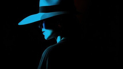 Silhouette of a mysterious female spy in a hat - obrazy, fototapety, plakaty