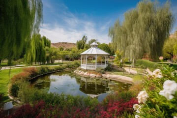 Fototapeta na wymiar romantic garden wedding venue with blooming flowers, a charming gazebo, winding pathways, and serene ponds, creating a serene and picturesque setting - Generative AI