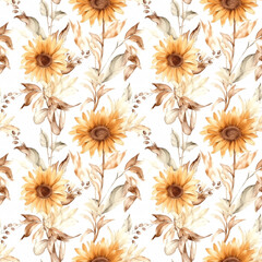 Sunflowers - Seamless Floral Print - Seamless Watercolor Pattern Flowers - perfect for wrappers, wallpapers, postcards, greeting cards, wedding invitations, romantic events.