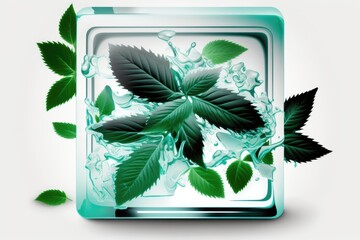 Fresh mint leaves embedded in ice cubes on a white backdrop. Generative AI