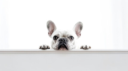 French Bulldog peeking out from behind a white table, on white background with copyspace.