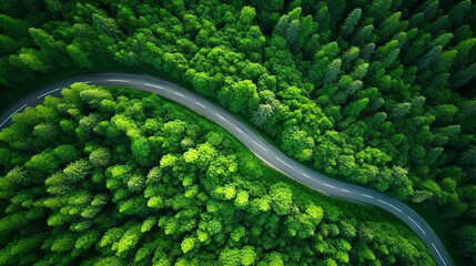 curvy road through green summer forest drone view - obrazy, fototapety, plakaty