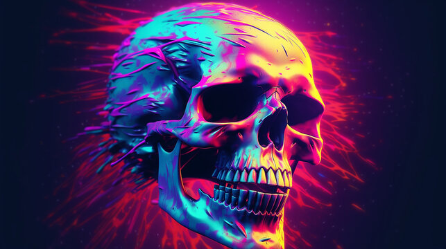 deformed screaming skull in synthwave psychedelic vibrant colors Generative AI