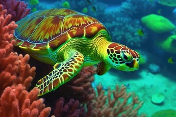 Fototapeta premium macro of a green turtle (chelonia mydas). Generative AI