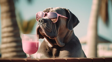 cool dog on the beach with cocktail summer time concept generative AI - obrazy, fototapety, plakaty