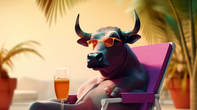 bull wearing big fashion sunglasses sitting on beach generative AI