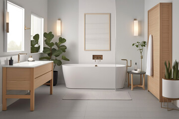 Naklejka na ściany i meble Stilvolles, helles und modernes Badezimmer mit minimalistischem Design, Generative AI