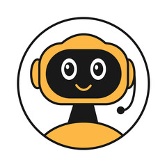 Vector illustration of a cute robot bot with a microphone. Bot voice support service. Virtual online support. Robot icon