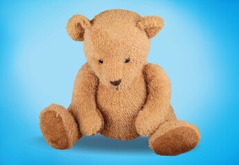 Soft fluffy cute toy on color background