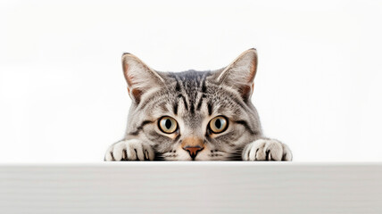 American Shorthair Cat peeking out from behind a white table, on white background with copyspace.