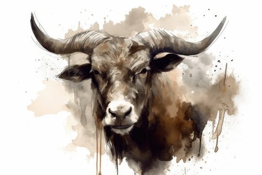 A painting shows a brown and beige bull with big horns and a nose ring. Generative AI