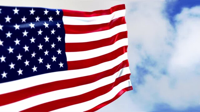 American Flag Video close-up. Waving USA Flag, cloudy sky background, Time-lapse effect. US Flag, 3D 4K Slow Motion Video