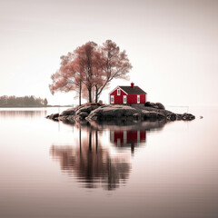 Red house in the center of the lake, Generative AI. High quality photo