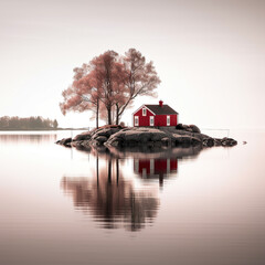 Fototapeta premium Red house in the center of the lake, Generative AI. High quality photo