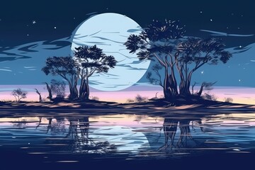 In a picture of a landscape, the full moon is white with a dark backdrop. Generative AI