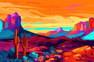Fototapeta na wymiar Bright colorful landscape painting of desert mesa. Generative AI