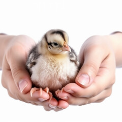 a small fragile defenseless chicken in children's hands on a white background close-up, the concept of respect for animals, nature, care, ai generative