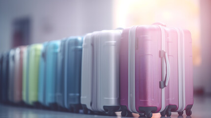 Fototapeta premium plastic travel suitcases, airport blurred background