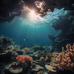 Fototapeta na wymiar Coral reef, underwater shooting, beautiful colorful corals, fish, clear water, nice sea background, eye-catching wallpaper, ai generative