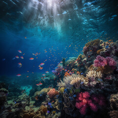Fototapeta na wymiar Coral reef, underwater shooting, beautiful colorful corals, fish, clear water, nice sea background, eye-catching wallpaper, ai generative
