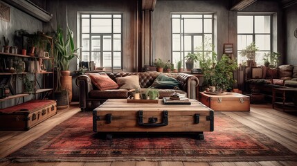 A rustic living room in an industrial style, filled with vintage decor and cozy textiles. Generative AI