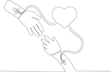 Two hands are donating blood. World blood donor day one-line drawing