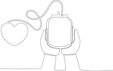 A hand holding a bag of blood. World blood donor day one-line drawing