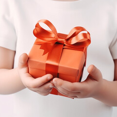 Child gives a gift, holds out beautiful box tied with ribbon, isolated on white background close-up, congratulatory background, ai generative