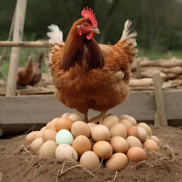 Chicken on mountain of eggs, lot of eggs, good background for advertising poultry farms, packaging design for agricultural products, ai generative