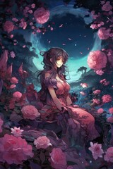 Obraz na płótnie Canvas Japanese cartoon anime girl in a kimono dress in a field with sacura on a full moon made with generative AI