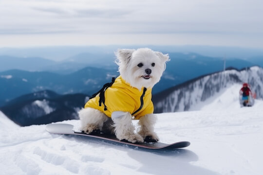 cute little white dog riding a snowboard with yellow vest, Generative AI