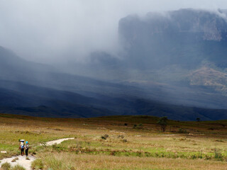 Mount Roraima, Venezuela - 22.04.2019: Hikers on the trail to Mount Roraima