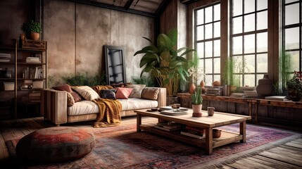 A rustic living room in an industrial style, filled with vintage decor and cozy textiles. Generative AI