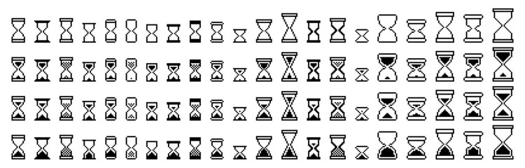 Pixel 8 bit sand clock cursor vector set. icon 8bit collection of pixelated sand clocks cursors. icon sheet. isolated no background 8-bit icons. vector pixel art.	
