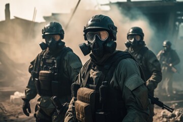 Soldiers in Military Uniforms and Gas Masks, Special Forces, Combat Zone, Generative AI
