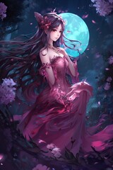 Obraz na płótnie Canvas Japanese cartoon anime girl in a kimono dress in a field with sacura on a full moon made with generative AI