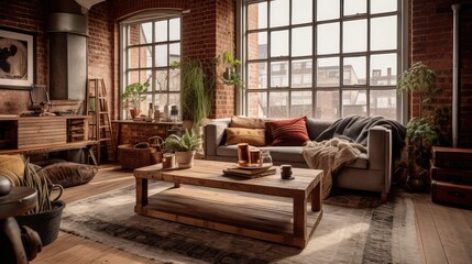 A rustic living room in an industrial style, filled with vintage decor and cozy textiles. Generative AI