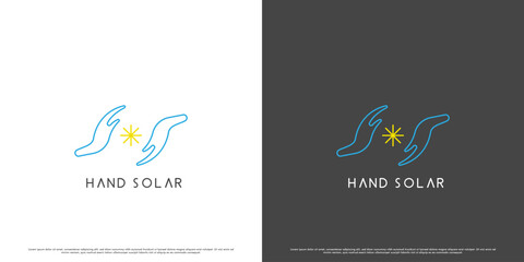 Fototapeta na wymiar Solar sun hand logo design illustration. Abstract line art silhouette of a hand caring for the sun, environmentally friendly solar. Suitable for simple flat company technology business app web icon.