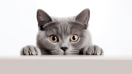 British Shorthair Cat peeking out from behind a white table, on white background with copyspace.