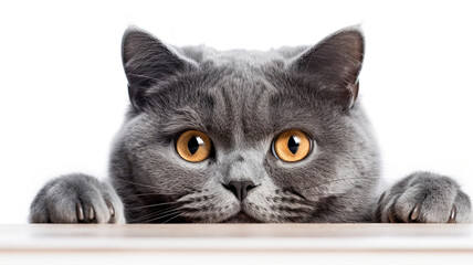 British Shorthair Cat peeking out from behind a white table, on white background with copyspace.